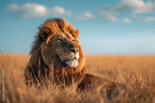 A Lion Laying in a Field of Tall Grass