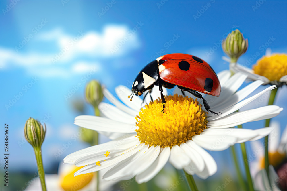 Ladybug on a flower on bright sunny spring day. Macro closeup composition. Ai Generative