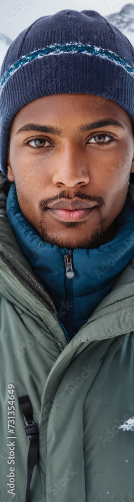 Obraz premium Winter Wonderland: BIPOC Person Outdoors in Snowy Mountains Wearing Stylish Winter Clothing - Diverse Outdoor Winter Scenery, Snowy Landscape with Mountain Peaks, Cold Weather Outdoor Fashion