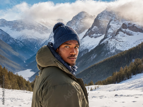 Winter Wonderland: BIPOC Person Outdoors in Snowy Mountains Wearing Stylish Winter Clothing - Diverse Outdoor Winter Scenery, Snowy Landscape with Mountain Peaks, Cold Weather Outdoor Fashion