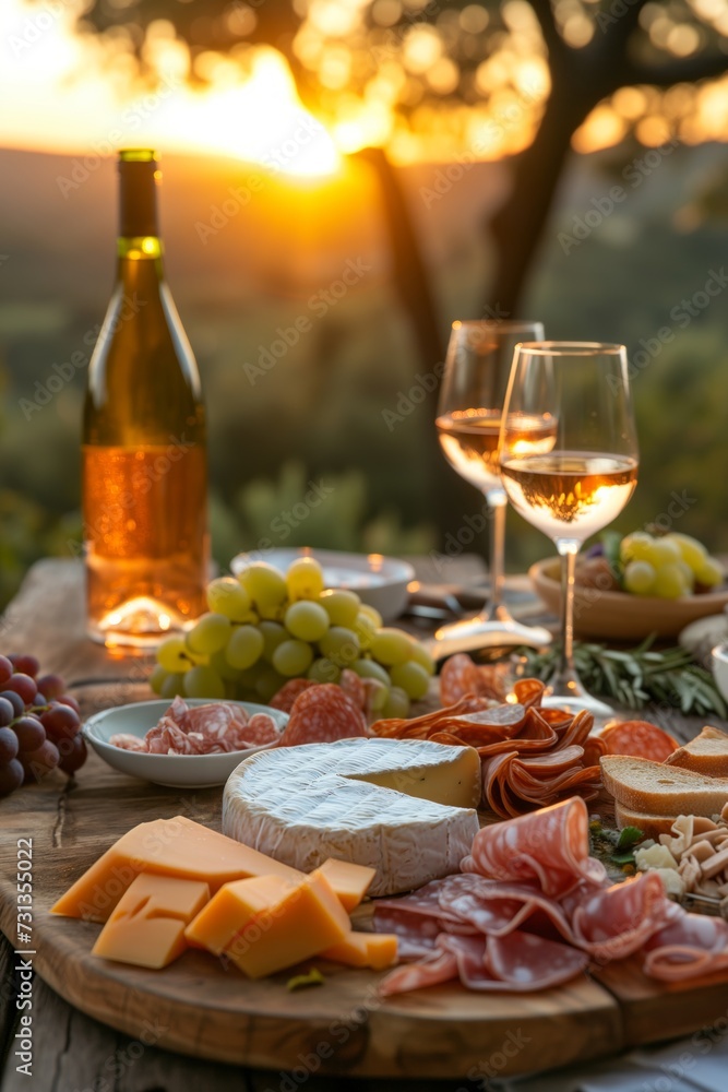 Picnic served outside with a glass of wine, cheese, grapes, salami on a wooden board in sunlight Picnic served outside with a glass of wine, cheese, grapes, salami on a wooden board in sunlight