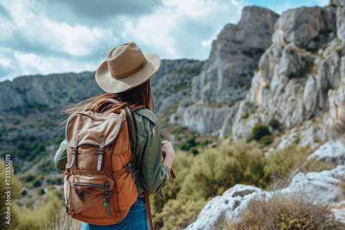 model hiking in a mountain with a backpack and a hat in a adventure trip