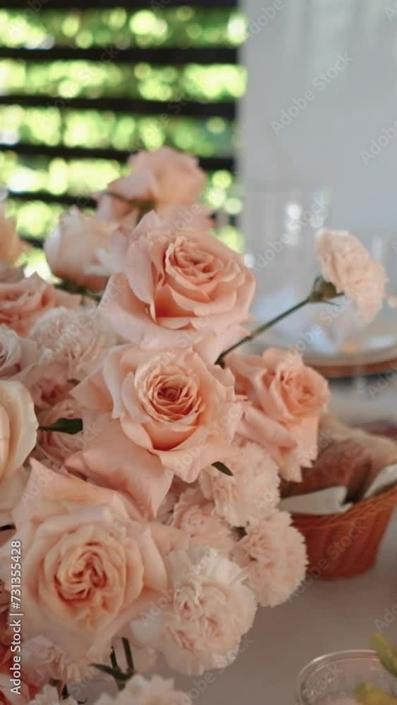 decoration of the wedding presidium for the banquet, table of the bride and groom, many delicious dishes on the festive table, close-up decoration of the wedding presidium for the banquet, table of the bride and groom, many delicious dishes on the festive table, close-up