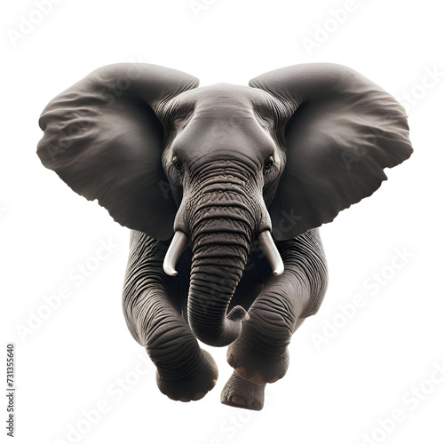 elephant walking and run towards camera isolated on white background photo