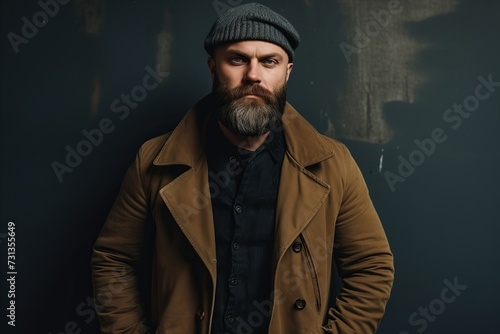 Portrait of a stylish bearded man in a coat and hat.