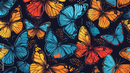 A mesmerizing seamless pattern featuring a kaleidoscope of vibrant, fluttering butterflies, elegantly symbolizing the concepts of transformation and sheer beauty. Perfect for various project