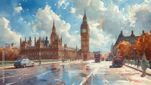 Watercolor painting of the streets of London photo