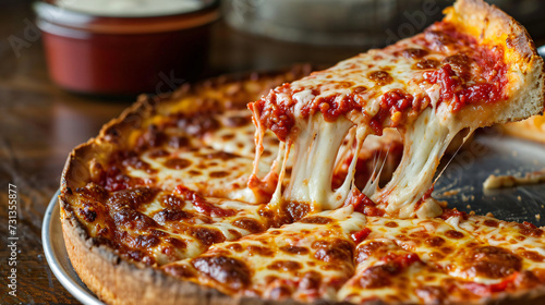 close up of a cheesy deep dish pizza