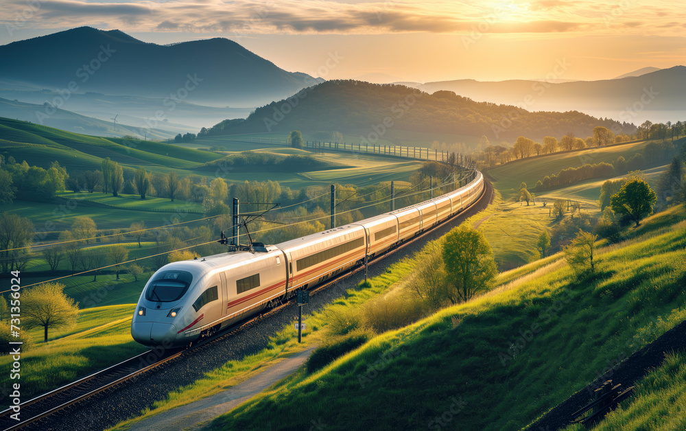 Fototapeta premium Modern Train Journey Through Green Mountains at Sunset