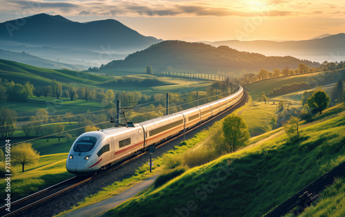 Modern Train Journey Through Green Mountains at Sunset