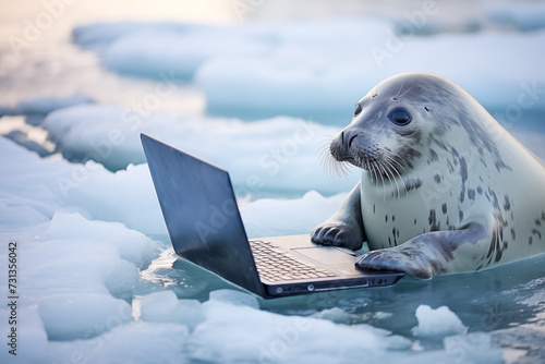 Curious Seal Using Laptop on Iceberg