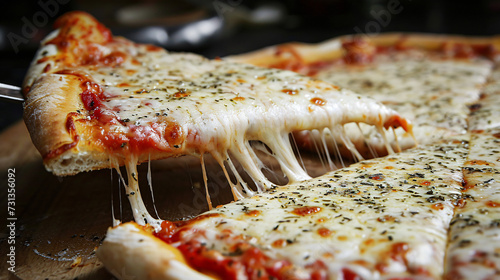 close up of a cheesy new york style pizza