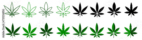 Cannabis leaves set, vector filled and linear icons of cannabis and hemp leaves on white background vector eps10