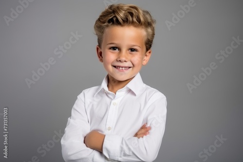 Portrait of a cute little boy in a white shirt on a gray background