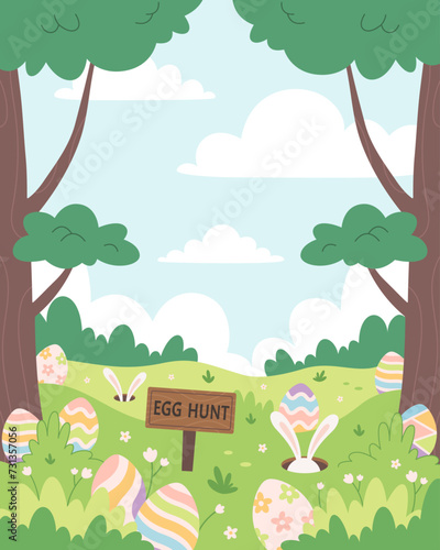 Spring meadow with hidden eggs for Easter egg hunt. Easter Event Celebration in Spring Park. Holiday tradition game for children. Vector illustration in flat style