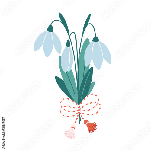 Snowdrop flower with Martisor talisman. Traditional accessory for holiday of early spring in Romania and Moldova. Vector illustration in flat style