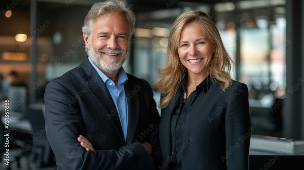 Happy businessman and businesswoman using digital tablets in office with copy space Happy businessman and businesswoman using digital tablets in office with copy space