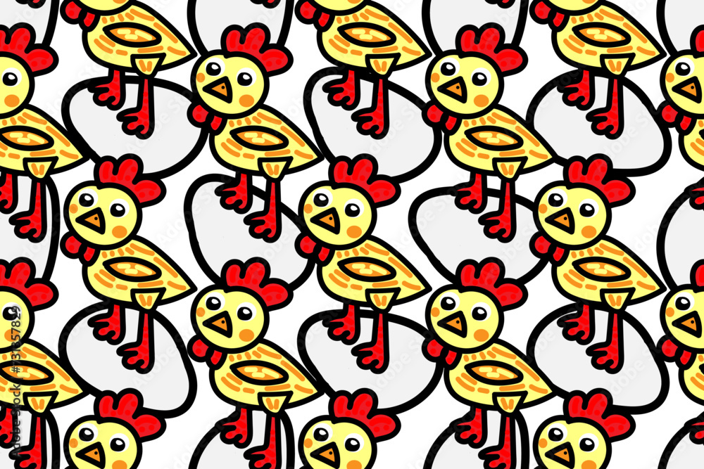 Funny and cute Easter farm cartoon chicken bird and egg. Seamless bright vector pattern for design and decoration.