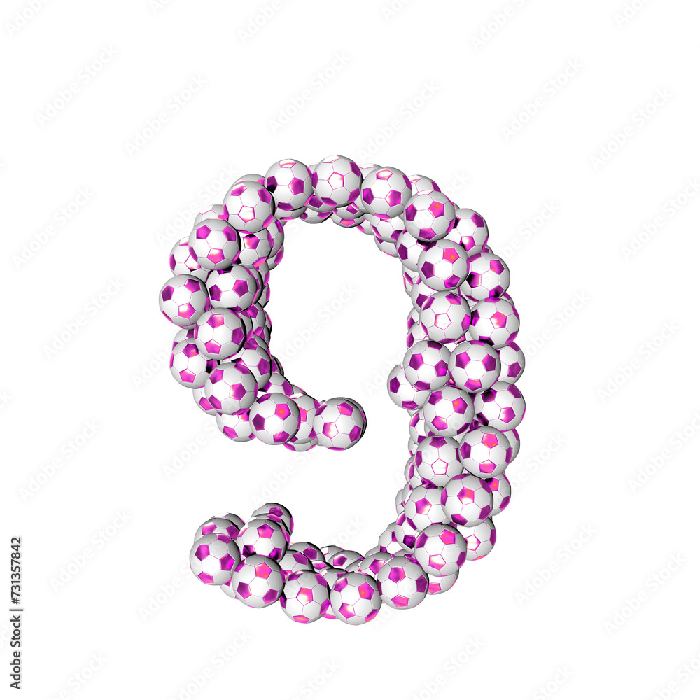 Symbol made from purple soccer balls. number 9 Symbol made from purple soccer balls. number 9