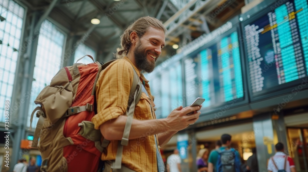 Happy bearded man with a smile checking his smartphone while waiting at an airport station