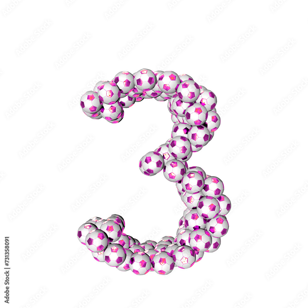 Symbol made from purple soccer balls. number 3 Symbol made from purple soccer balls. number 3