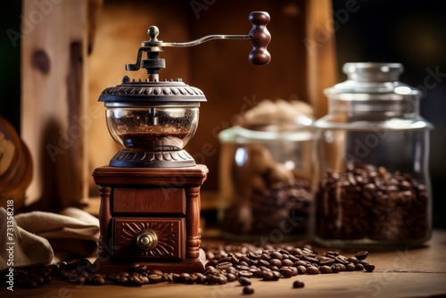 Vintage manual coffee grinder on a wooden countertop in a traditional kitchen, coffee beans