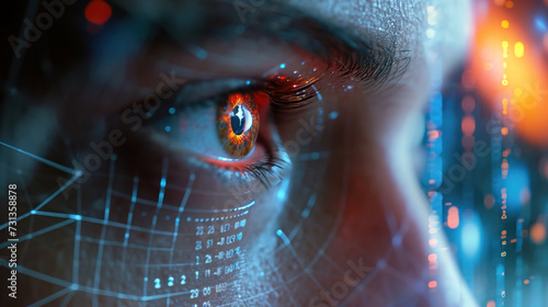 Man eyes close up image with biometric data with eye recognition