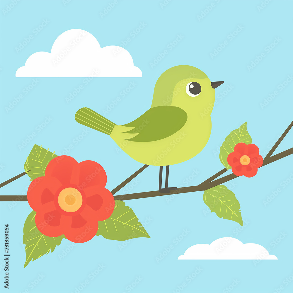 Illustration of a bird on a branch against a background of blue sky with clouds. A simple picture. Square frame.