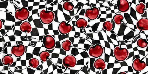 Billede på lærred Seamless red watercolor cherries on wonky black and white surreal psychedelic checkers