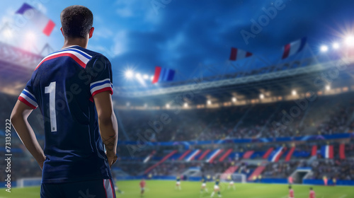 Back view of a man's soccer player wearing the soccer uniform against the backdrop of a lively soccer stadium. Olympic Games, World Cup. Generative AI photo