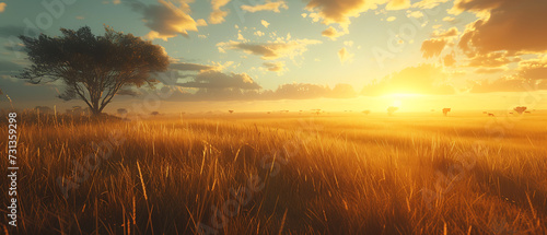 A sweeping savannah landscape dotted with acacia trees and tall grasses