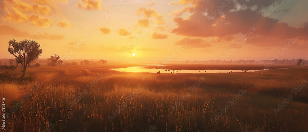 Fototapeta premium A sweeping savannah landscape dotted with acacia trees and tall grasses