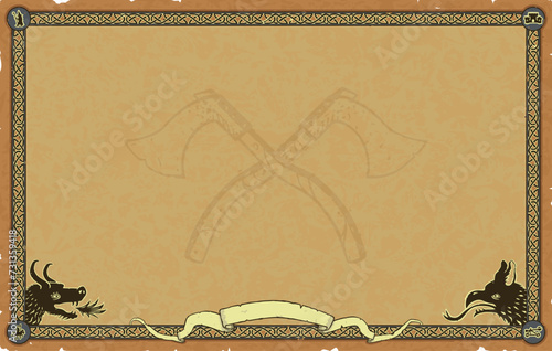 Large Fantasy Parchment with Knot Frame, Banner, Dragons, Crossed Throwing Axes
