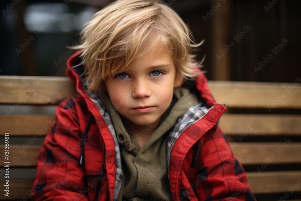 Portrait of a little boy in a red jacket on a bench Portrait of a little boy in a red jacket on a bench