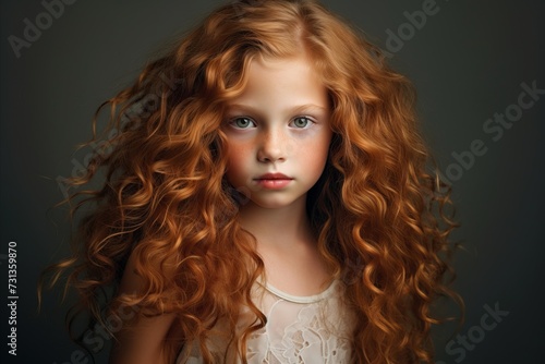 Portrait of a beautiful little girl with long curly hair. Studio shot.