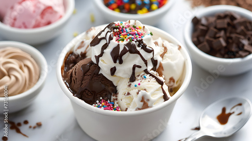 A bowl of ice cream, with a variety of toppings, such as whipped cream, chocolate sauce, and sprinkles. Generative AI.