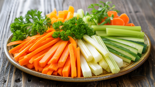 A vegetable platter, with a variety of vegetables, such as carrots, celery, and cucumbers.