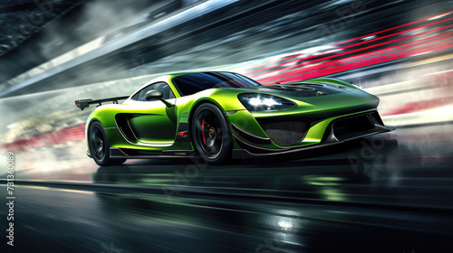A Thrilling Race Track with a Light Green and Black Sports Car Drifting around a Curve © Graphics.Parasite