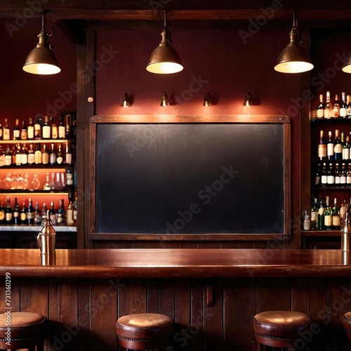 Blank, empty blackboard sign on wall behind bar in restaurant