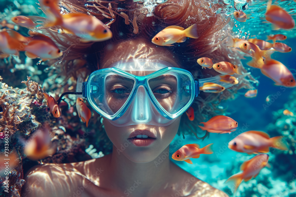 model wearing a mask and a snorkel in a coral reef with a fish model wearing a mask and a snorkel in a coral reef with a fish