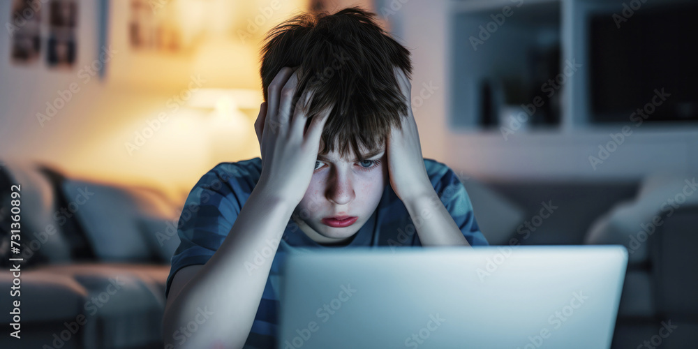 A young person looks stressed while staring at a laptop screen, possibly overwhelmed with work or experiencing a difficult moment in a poorly lit room. Cyberbullying. A young person looks stressed while staring at a laptop screen, possibly overwhelmed with work or experiencing a difficult moment in a poorly lit room. Cyberbullying.