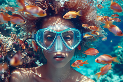model wearing a mask and a snorkel in a coral reef with a fish