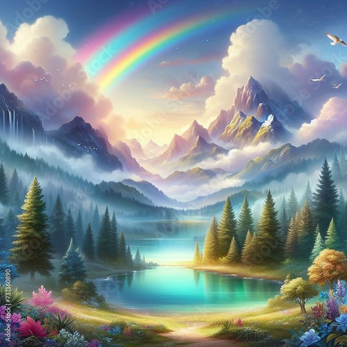 sunset in the mountains with rainbow
