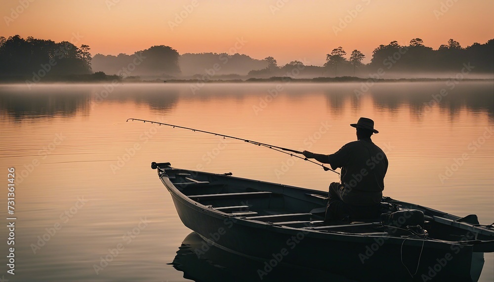 Lone Fisherman on a Misty Lake at Sunrise