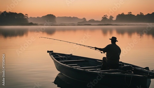 Lone Fisherman on a Misty Lake at Sunrise