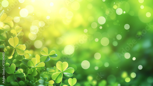 Backdrop for St. Patrick's Day. Clover wallpaper in soft backlight with blur and bokeh. Horizontal format. Postcard.