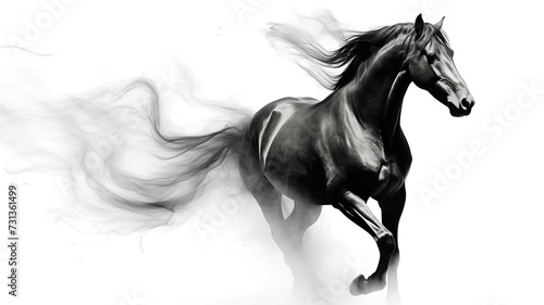 An AI generative image of running black horse with swirling smoke gently billow in the background, creating an abstract and mesmerizing atmosphere