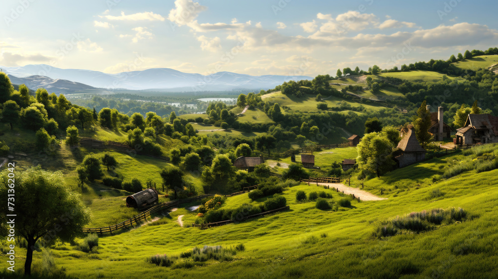 Countryside Landscape with Rolling Hills and a Quaint Village