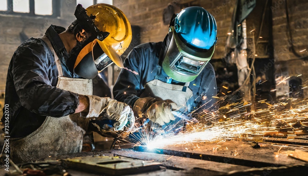 The two handymen performing welding and grinding at their workplace in the workshop The two handymen performing welding and grinding at their workplace in the workshop