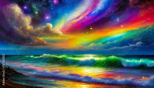 Oil painting artistic image of floating sea waves in the clouded sky with rainbow colours © Turan